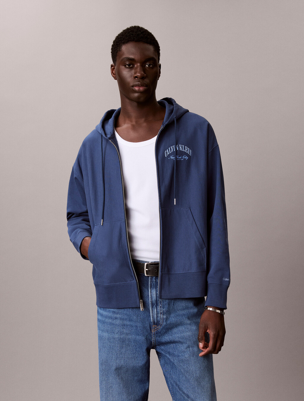 棒球風標誌拉鍊連帽外套, Dark Denim, hi-res