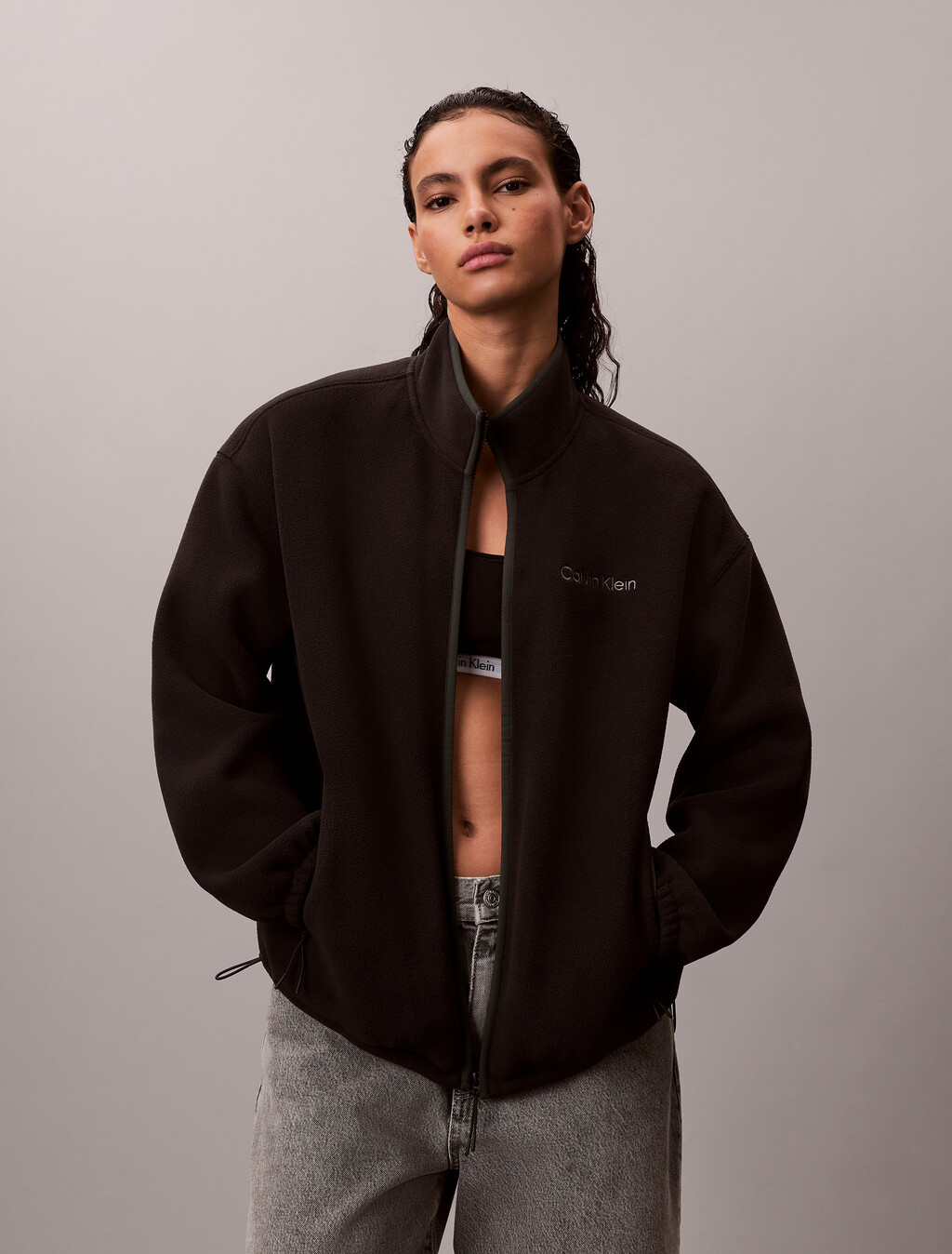 Fleece Relaxed Mock Neck Jacket, Black, hi-res