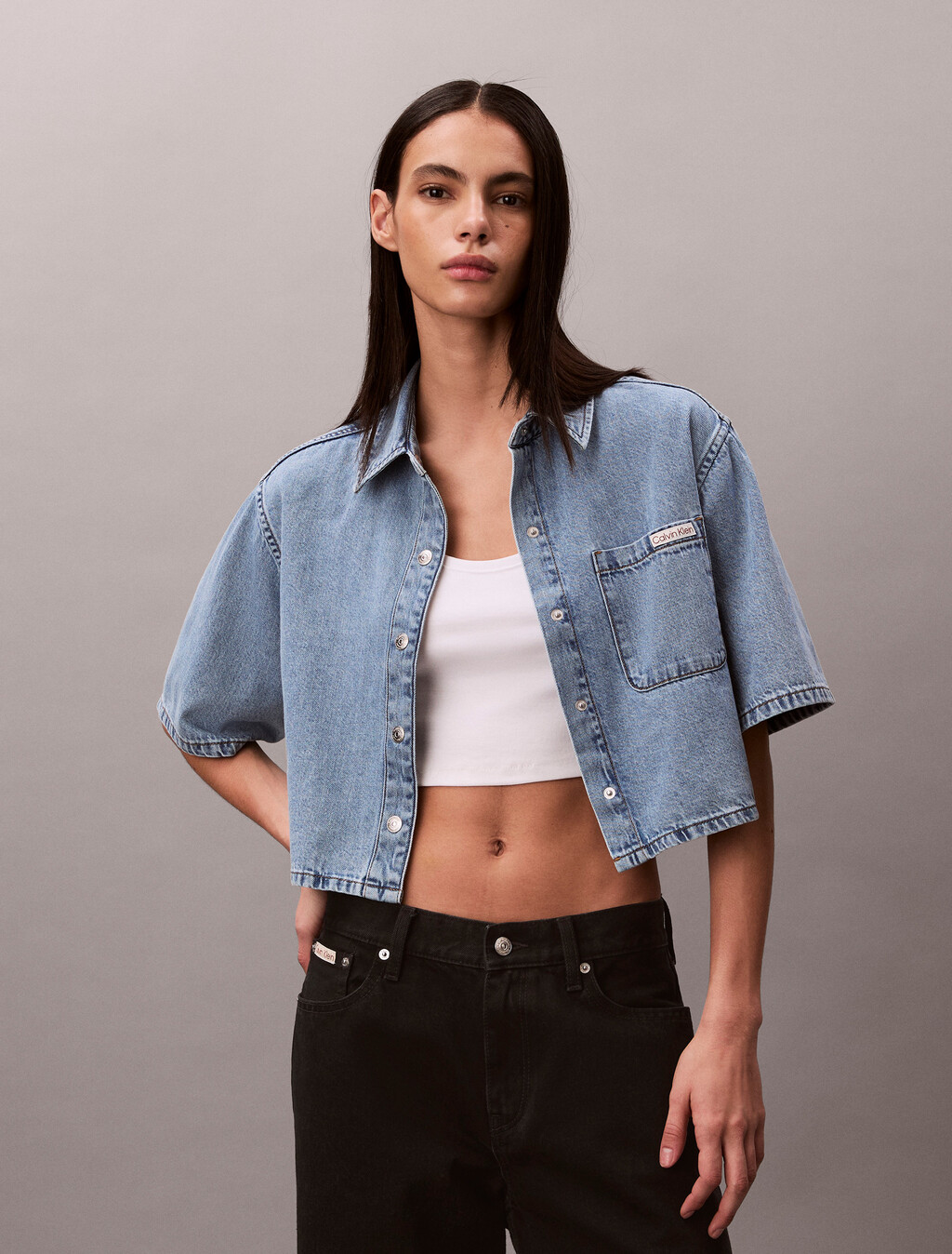 Boxy Cropped Denim Shirt, VINTAGE MOSS, hi-res