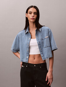 Boxy Cropped Denim Shirt, VINTAGE MOSS, hi-res