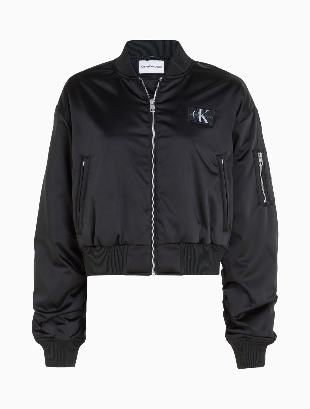 Cropped Satin Bomber Jacket, Ck Black, hi-res