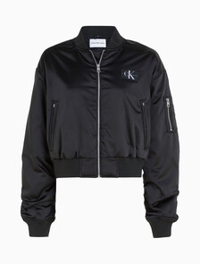 Cropped Satin Bomber Jacket, Ck Black, hi-res